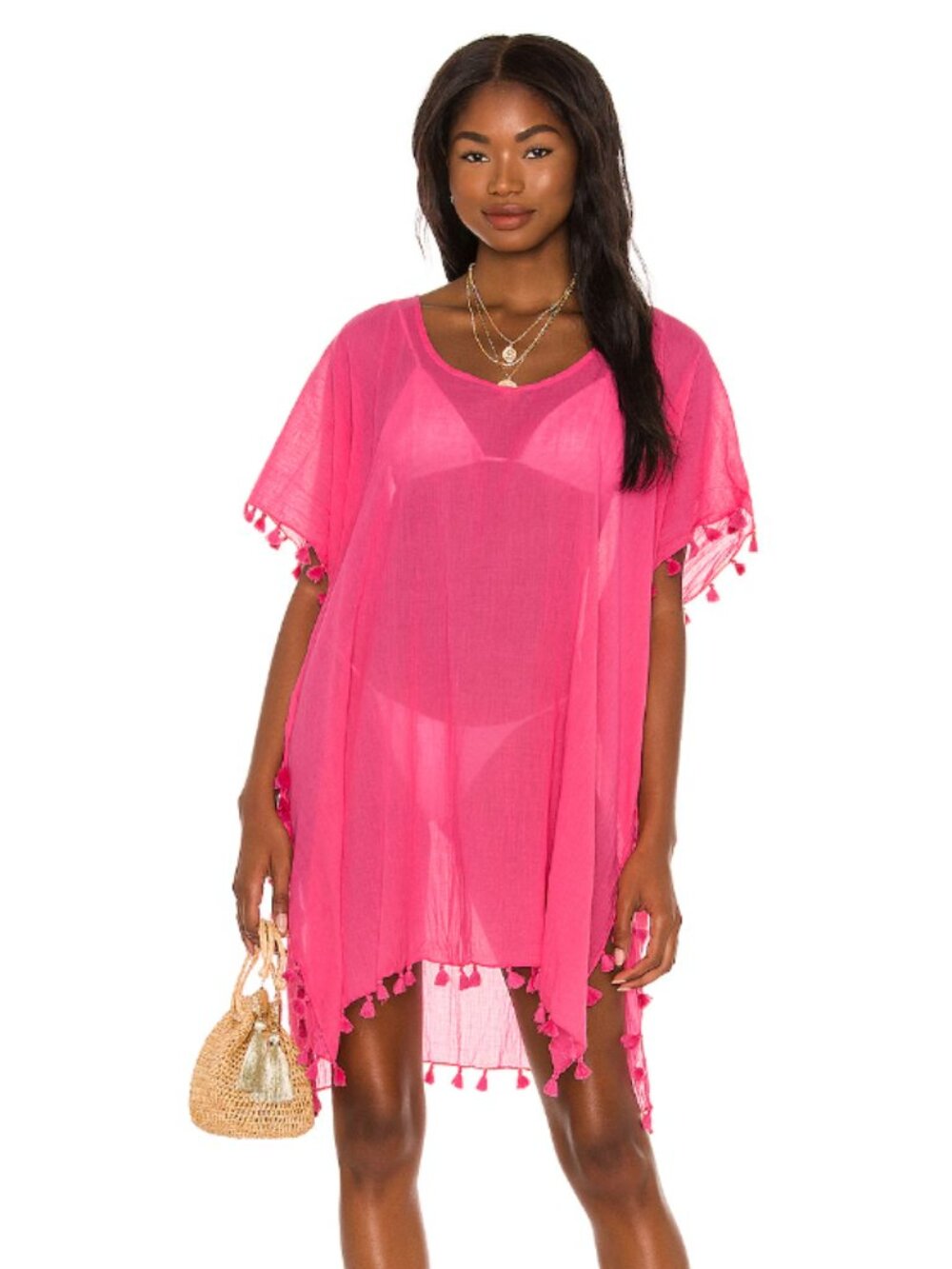 Seafolly Hot Pink Cotton Gauze Tassel Beach Cover Up O/S Kaftan Tunic Vacation